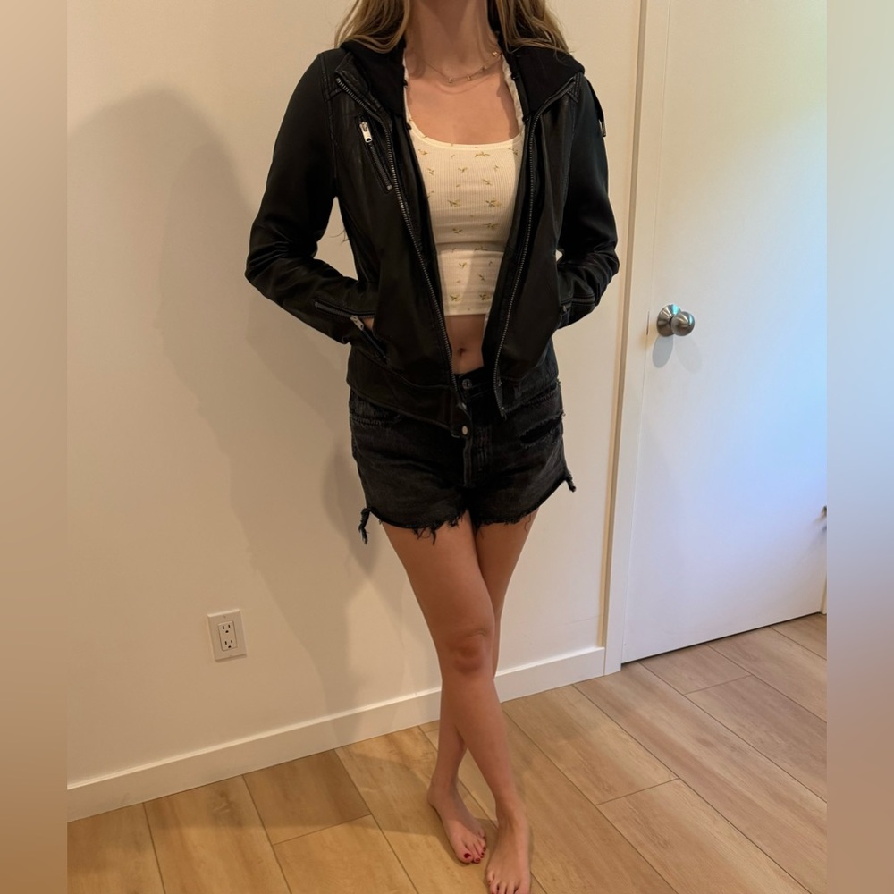 Marc New York Andrew Marc Leather Moto jacket with hood